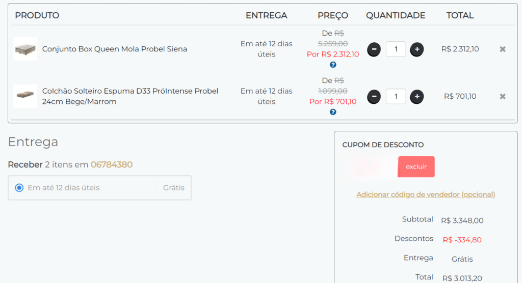 site da probel com cupom de 10% de desconto aplicado