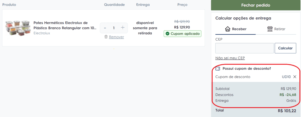 cupom de desconto electrolux aplicado