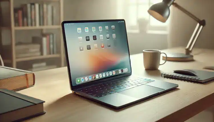 notebook aberto sobre uma mesa de escritório