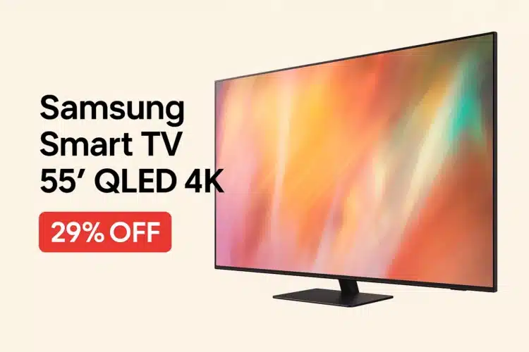 tv 4k qled informando oferta no mercado livre de 29% off